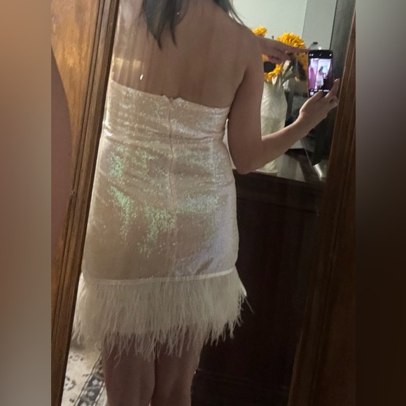 Lulu’s Call Me Maybe Pink Sequin Sparkling Strapless Bodycon Feather Trim Mini M - Picture 4 of 10